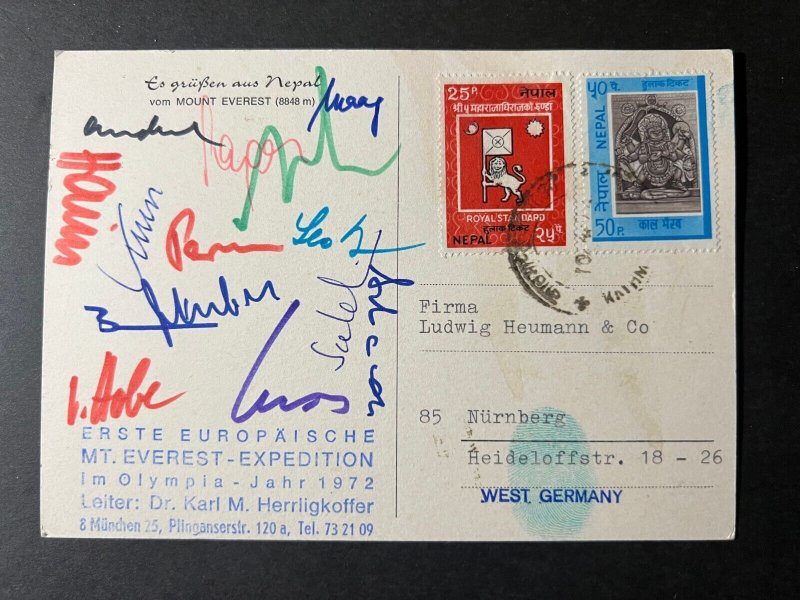 1972 Nepal Postcard Cover to Nurnberg West Germany Everest Expedition Signatures