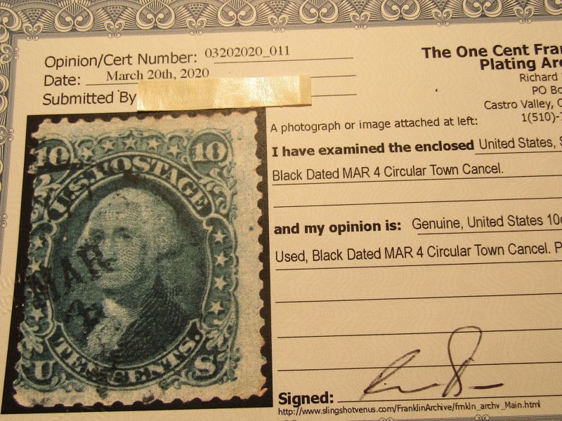 US Stamps - Scott # 96 - Used - 9x13mm Grill,Certif. Perforations-Cut in at Left