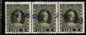 1946 Italy General Revenue 5 Lire Duty Stamp Strip/3 Used