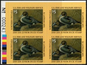 US Stamp #JDS08 MNH EXTREMELY RARE Northern Pintail Junior Duck Plate Block of 4