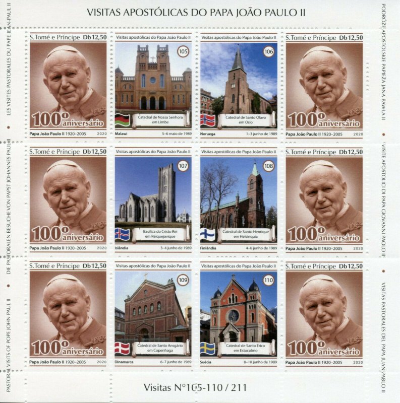 Sao Tome & Principe Pope John Paul II Stamps 2020 MNH Pastoral Visits 4x M/S