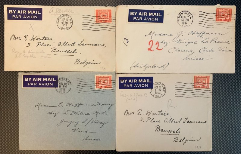 Canada 1952-54 Airmail Covers To Belgium/Switzerland 15c Rate x4