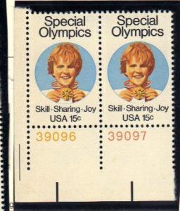 #1788 MNH plate # pair 15c Special Olympics 1979 Issue