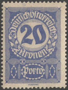 AUSTRIA 1921  Sc J92a  20k Postage Due MNH, F-VF on gray paper