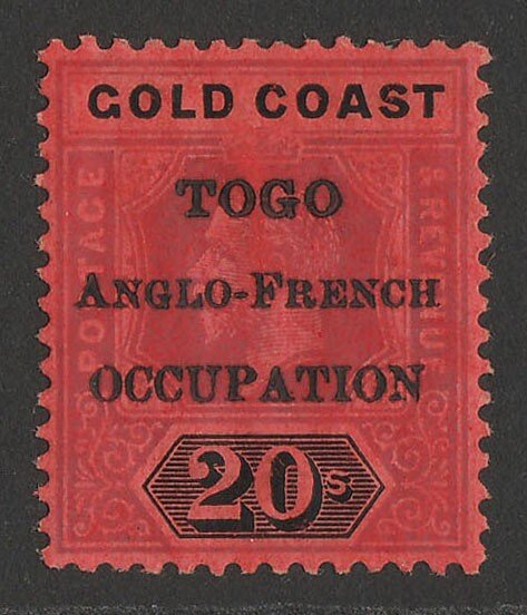 TOGO - BRITISH OCCUPATION 1916 London overprint 20/- purple & black on red.