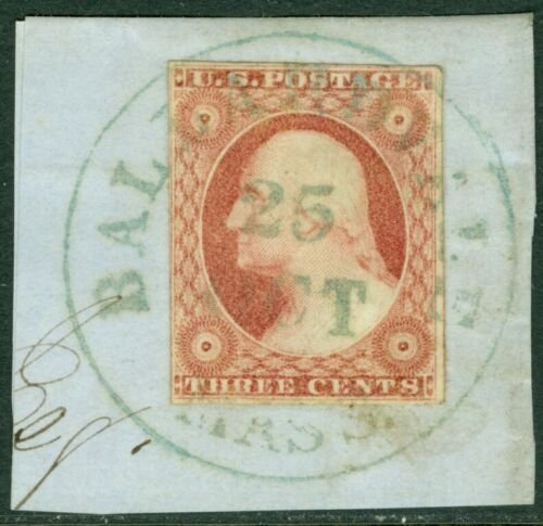 EDW1949SELL : USA 1851 Sc #11A Very Fine, Used on piece w/ Green cds. Cat $190++ 