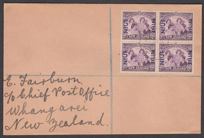 NIUE 1946 Peace 2d block of 4 on cover to New Zealand.......................U762