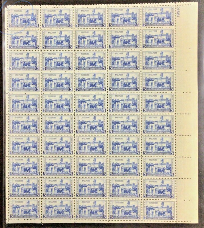 789 West Point Academy Army & Navy Series MNH 5 c  Sheet of 50  1937