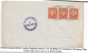 1928 RMS Letitia Paquebot (N. Ireland) to Winnipeg, Canada 3 x 1c Confed (56775)