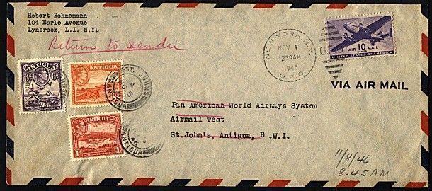 USA TO ANTIGUA 1946 Pan Am test letter with Antigua stamps added for return.....