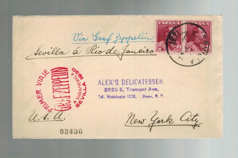 1930 Seville Spain Graf Zeppelin Mail First FLight Cover to USA via Rio Brazil