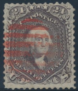 #70 F-VF USED 24¢ RED LILAC WITH RED GRID CANCEL CV $340