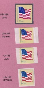 Singles 41c Flag Den US 4186, 4187, 4188, 4189 APU/Sennett/AVR/SpacesLot 4 MNH 