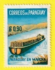 PARAGUAY SCOTT#578 1961 LOGS ON RIVER BARGE - MH