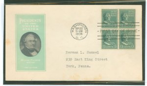 US 818 1938 13c Millard Fillmore (presidential/prexy series) block of four on an addressed first day cover with an Ioor cachet.