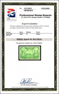 Scott 785 - 1 Cent Army MNH - PSE Cert Grade 98 - SCV - $105.00