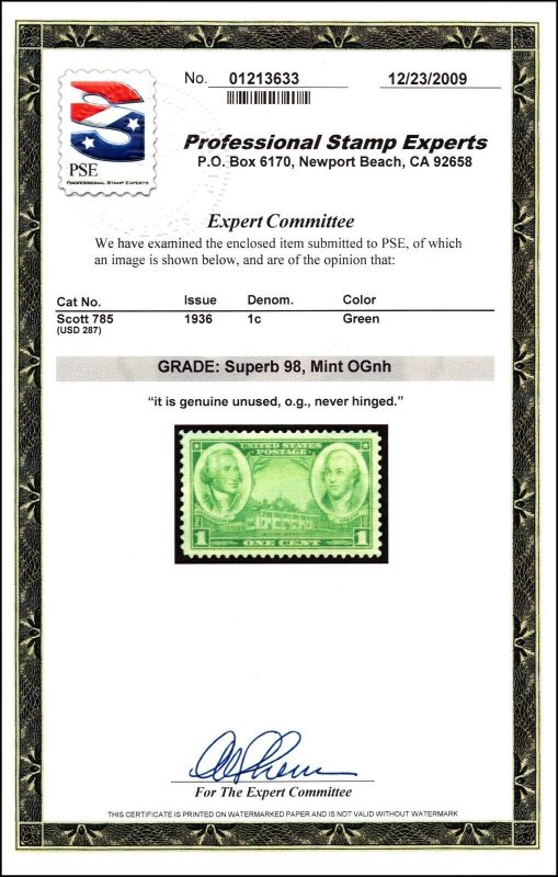 Scott 785 - 1 Cent Army MNH - PSE Cert Grade 98 - SCV - $105.00