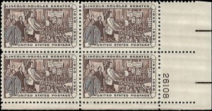 Scott # 1115 1958 4c brn  Lincoln & Douglas
Debating  Plate Block - Lower Rig...