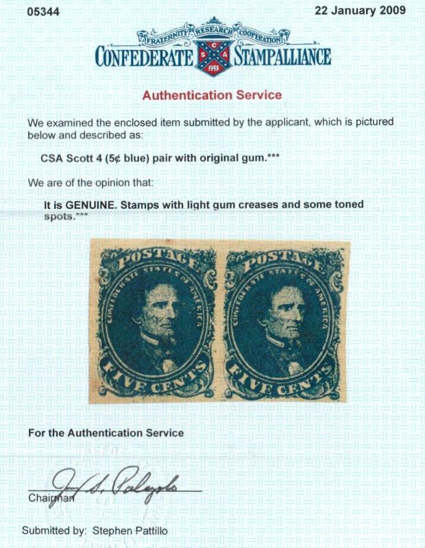 USA Confederate States #4 Very Fine Mint Pair **With Certificate** 
