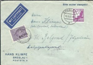 Breslau, Germany to Belgrade, Yugoslavia 1937 A/M w/Yugoslavia Post. due (48046)