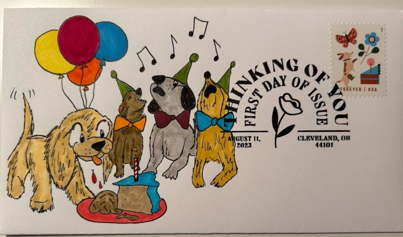 2023 Thinking Of You Dogs Birthday Party Cake Hand Drawn Cachet