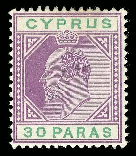 Cyprus 1902 KEVII 30pa violet & green DAMAGED US variety VFM. SG 51b.