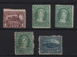 New Brunswick 1860 1c, 5c, 5c blue-green mint no gum, then 5c, 12½c fine used
