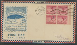 US 716 1932 2c Lake Placid Winter Olympic games (block of four) skiing on an addressed first day cover with a Roessler cachet.