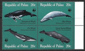 PALAU 1983 WWF WHALES Set in Setenant Block Sc 27a MNH