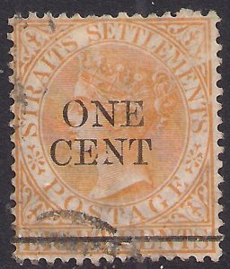 Straits Settlements Malaya 1892 QV 1ct on 8ct Orange Used SG 91 ( F244 )