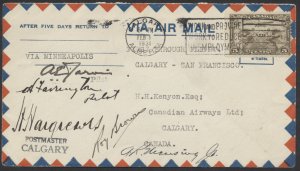 1931 Flight Cover Calgary - San Francisco via Minneapolis #3105m Pilot Signed