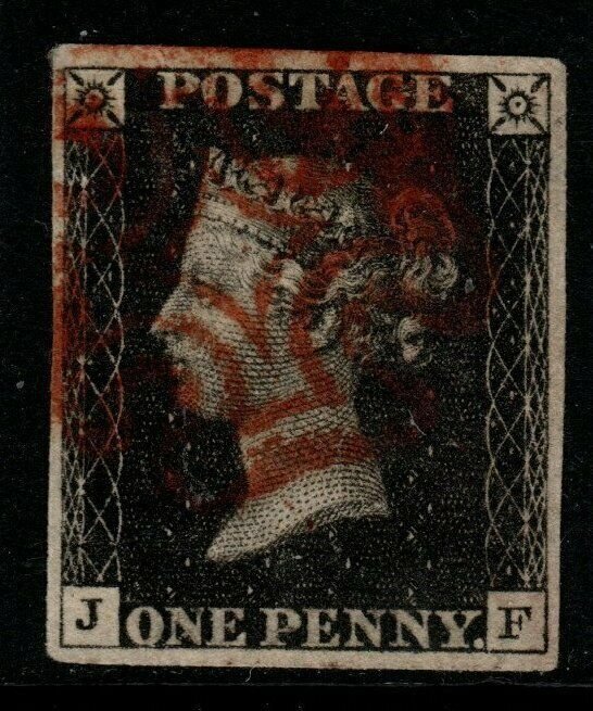 GB SG2 PLATE 7 1840 1d BLACK JF 4 MARGINS USED RED MALTESE CROSS 