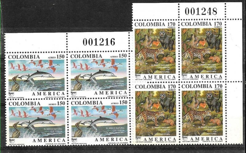 #1939 COLOMBIA 1990 UPAEP AMERICA FAUNA BIRD FISH TIGER YV AE 823-4 BLOC x4 MNH