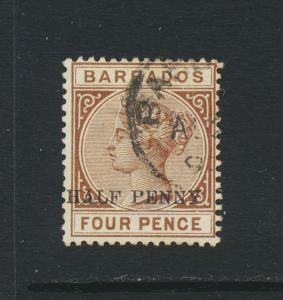 BARBADOS 1892, ½on4d NO HYPHEN VAR, VF USED SG#104a CAT£40 $52 (SEE BELOW)