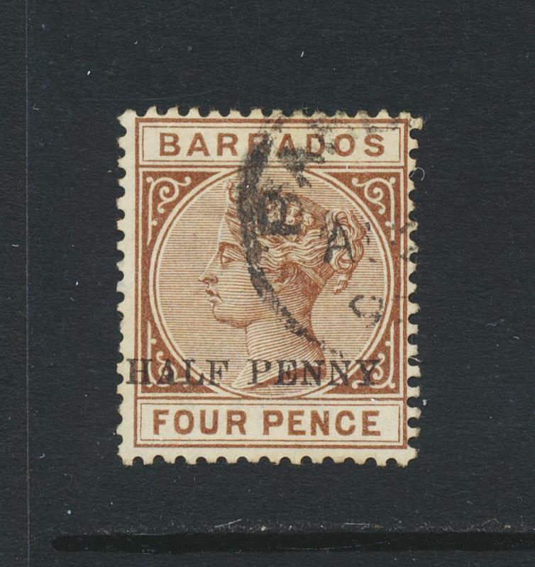 BARBADOS 1892, ½on4d NO HYPHEN VAR, VF USED SG#104a CAT£40 $52 (SEE BELOW)