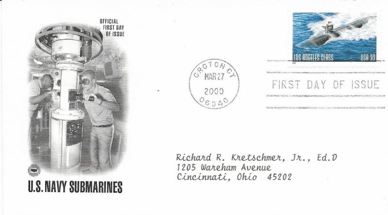 2000 FDC, #3372, 33c U.S. Navy Submarine Centennial, 2 diff. cachets