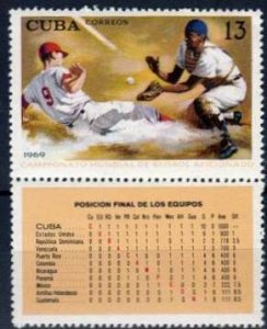 CUBA Sc# 1432 WORLD BASEBALL CHAMPIONSHIP   stamp + label  1969 MNH mint