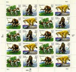 Prehistoric Animals Sheet of Twenty 32 Cent Postage Stamps Scott 3080a