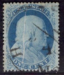 US Stamp #24 1c Washington Type V USED w/ Pre-Print Paper Fold SCV $37.50