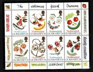 Guernsey-Sc#550a-unused NH sheet of 8-Greetings-Faces-1995-