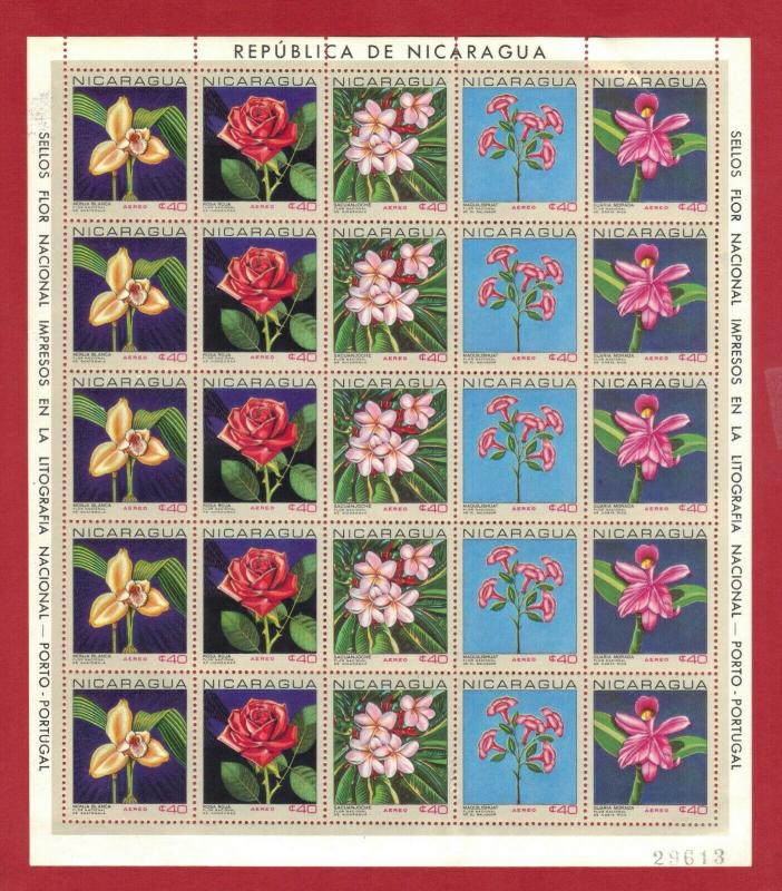 NICARAGUA SC# C626-630  1967 40c FLOWERS SHEET OF 25  SEE SCAN