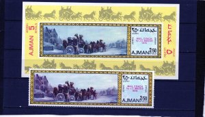 AJMAN 1971 PAINTINGS/MAIL COACH SET OF 1 STAMP & S/S MNH