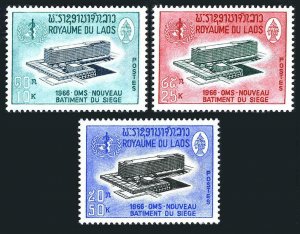 Laos 126-128,128a sheet,MNH.Mi 182-184,Bl.39 New WHO Headquarters,Geneva 1966.