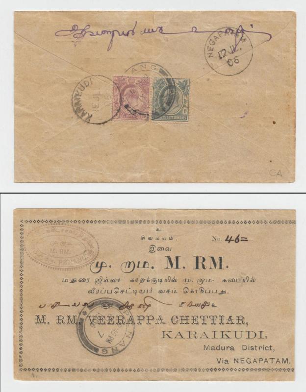 ZS-AB611 STRAITS SETTLEMENTS - Cover, 1906 From Penang To Karaikudi