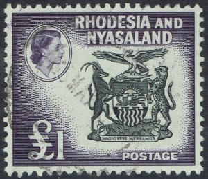 RHODESIA AND NYASALAND 1959 QEII ARMS £1 USED