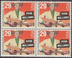 1993 Hank Williams Block of 4 29c Postage Stamps, Sc# 2723, MNH, OG