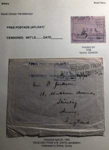 1939 HM Ship Royal Navy England Censored Free Postage Cover To Shirley