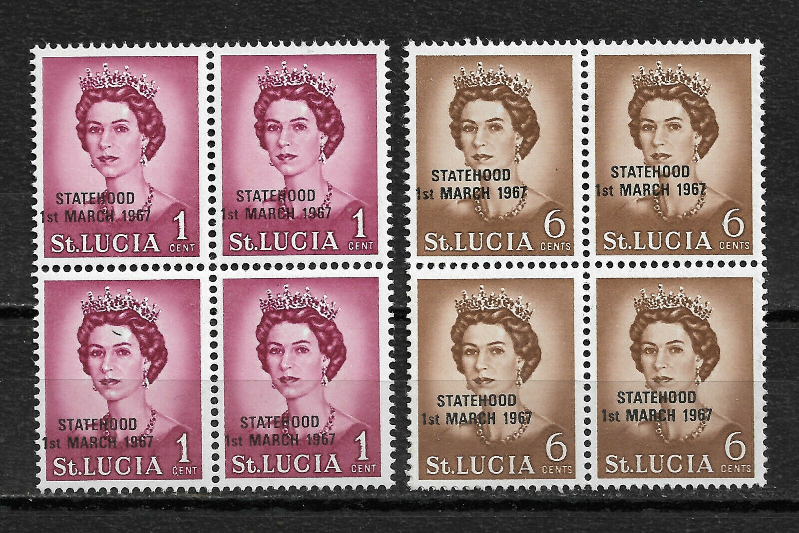 St Lucia 1967 Statehood RARE Black Overprint Blocks,Sc 217,XF MNH