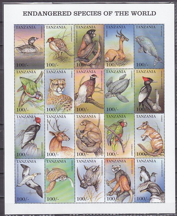 Tanzania, Scott cat. 1898 a-t. Endangered  & Extinct Species sheet of 20. ^