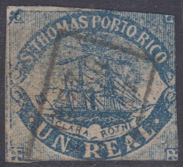 SAINT THOMAS PUERTO RICO 1869 CLARA ROTHE 1 Real Blue IMPERF FORGERY USED